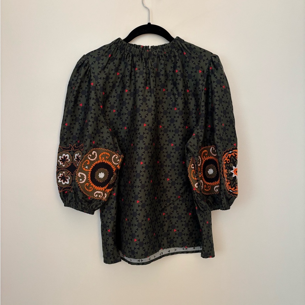 Emily Lovelock Olive Balloon-Sleeve Embroidered Blouse
